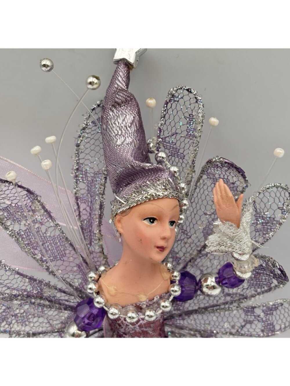 Vintage Purple Pixie Fairy Christmas Tree Ornament Hanging Beaded Shiny 8” Girl - Picture 3 of 16